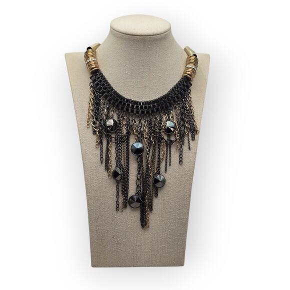 Black Faceted Bead Chain Fringe Statement Necklace - Picture 6 of 6
